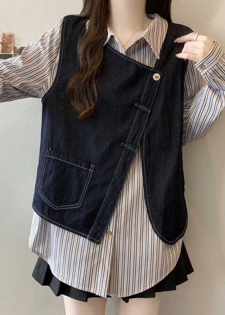 Plus Size Asymmetrical Striped Cotton Fake Two Piece Top Fall