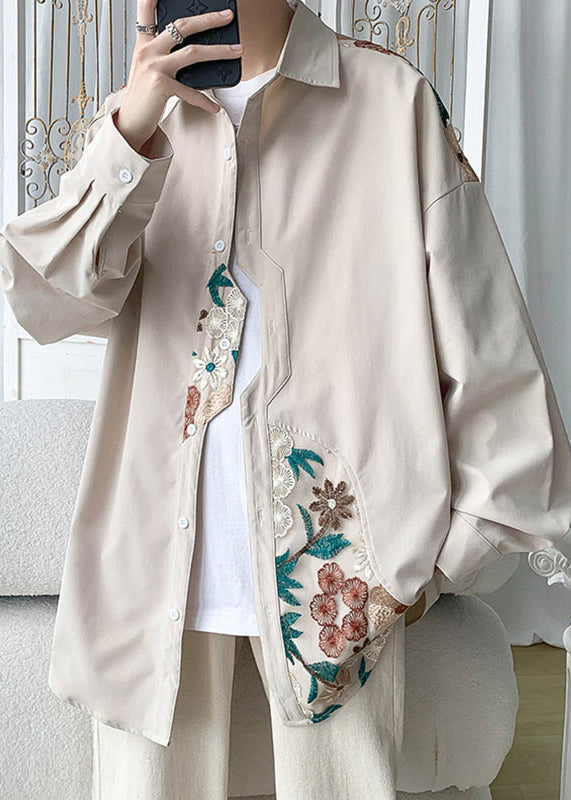 Plus Size Beige Embroidered Button Cotton Neutral Coats Spring