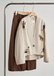 Plus Size Beige Embroidered Oversized Linen Coat Fall