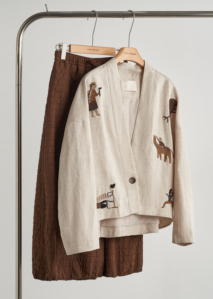 Plus Size Beige Embroidered Oversized Linen Coat Fall