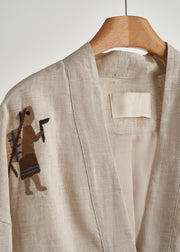 Plus Size Beige Embroidered Oversized Linen Coat Fall