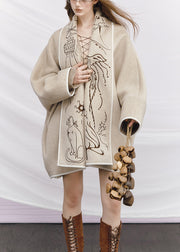 Plus Size Beige Embroidered Tie Waist Woolen Coats Winter