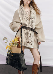 Plus Size Beige Embroidered Tie Waist Woolen Coats Winter