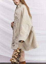 Plus Size Beige Embroidered Tie Waist Woolen Coats Winter