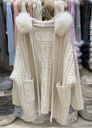 Plus Size Beige Hooded Pockets Patchwork Knit Cardigan Winter