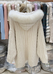 Plus Size Beige Hooded Pockets Patchwork Knit Cardigan Winter