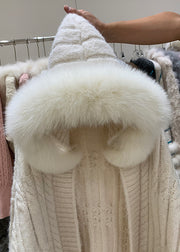 Plus Size Beige Hooded Pockets Patchwork Knit Cardigan Winter