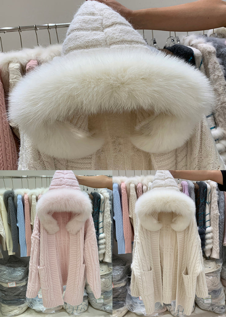 Plus Size Beige Hooded Pockets Patchwork Knit Cardigan Winter