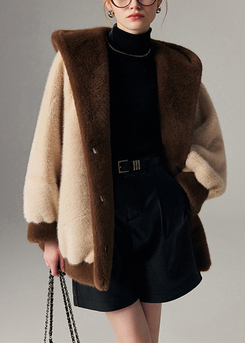 Plus Size Beige Hooded Pockets Patchwork Mink Hair Coats Winter