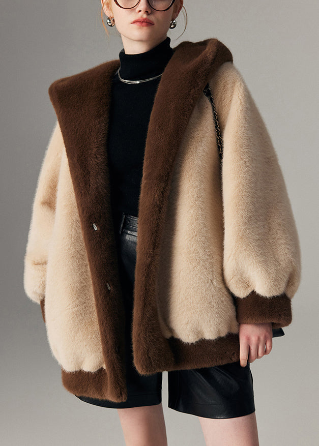 Plus Size Beige Hooded Pockets Patchwork Mink Hair Coats Winter