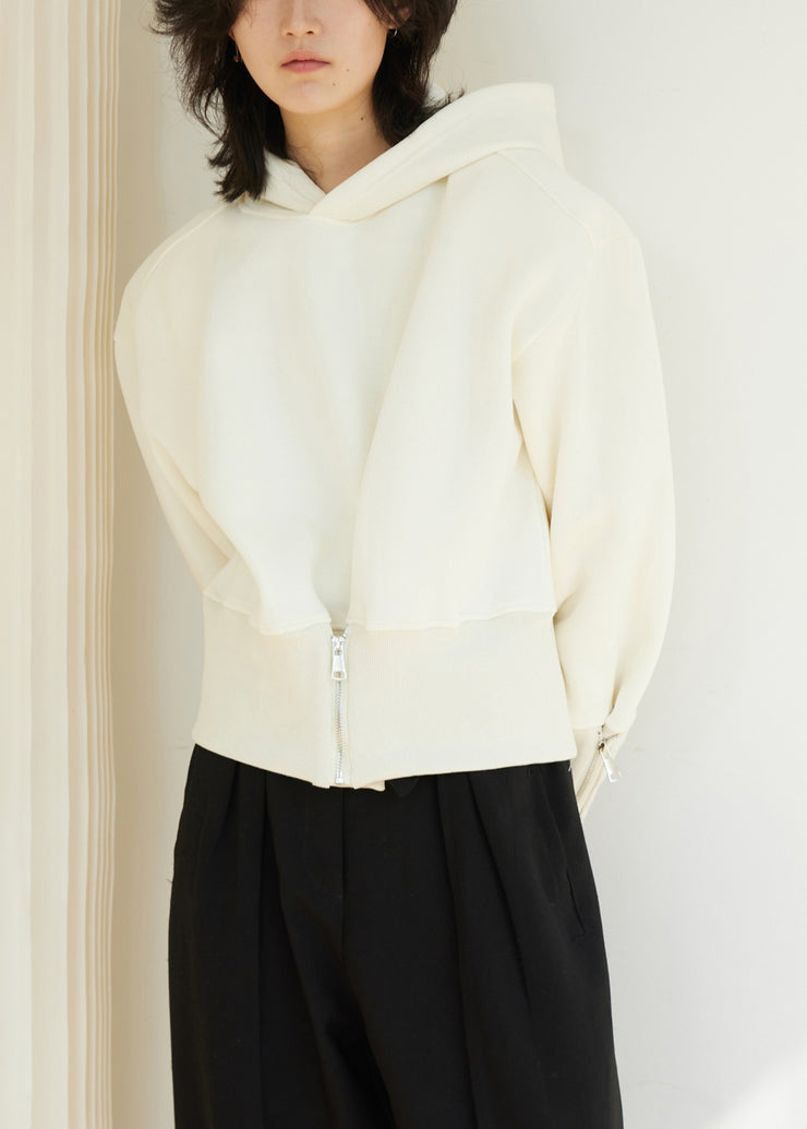 Plus Size Beige Hooded Zippered Thick Cotton Sweatshirt