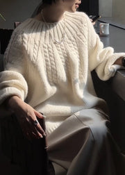Plus Size Beige O Neck Thick Cozy Cable Knit Sweater Winter