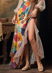 Plus Size Beige Print Patchwork Tulle Robe Dresses Summer