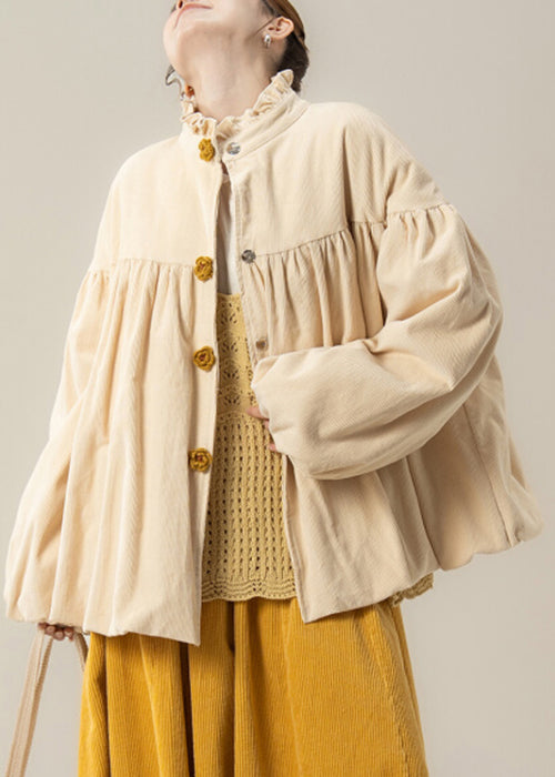 Plus Size Beige Ruffled Solid Corduroy Cotton Filled Parkas Winter