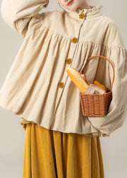 Plus Size Beige Ruffled Solid Corduroy Cotton Filled Parkas Winter