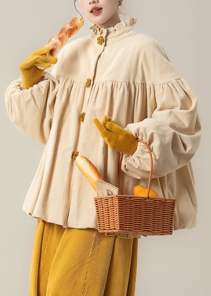 Plus Size Beige Ruffled Solid Corduroy Cotton Filled Parkas Winter