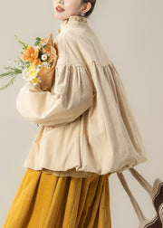 Plus Size Beige Ruffled Solid Corduroy Cotton Filled Parkas Winter