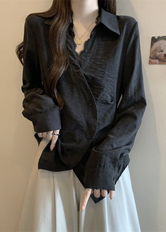 Plus Size Black Asymmetrical Patchwork Silk Shirt Tops Fall