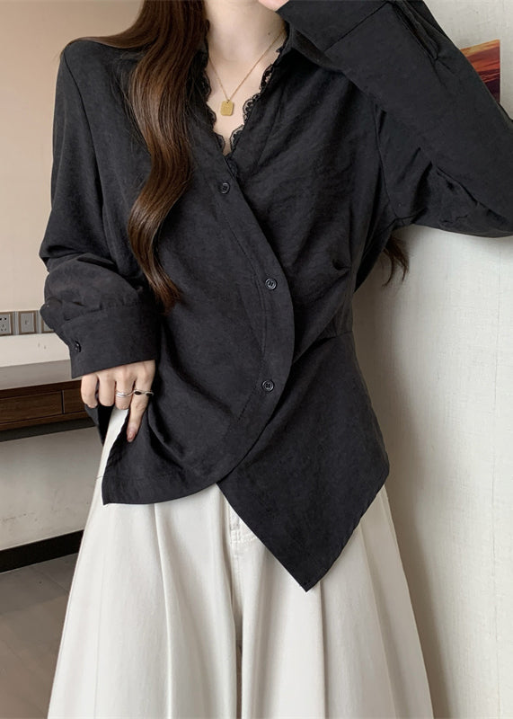 Plus Size Black Asymmetrical Patchwork Silk Shirt Tops Fall
