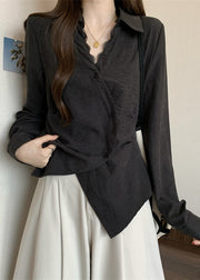 Plus Size Black Asymmetrical Patchwork Silk Shirt Tops Fall