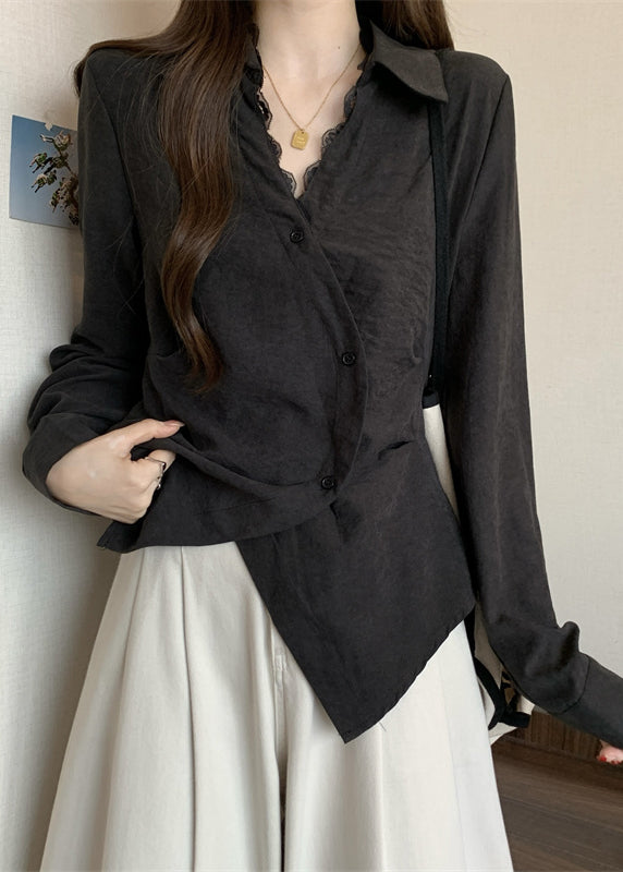 Plus Size Black Asymmetrical Patchwork Silk Shirt Tops Fall