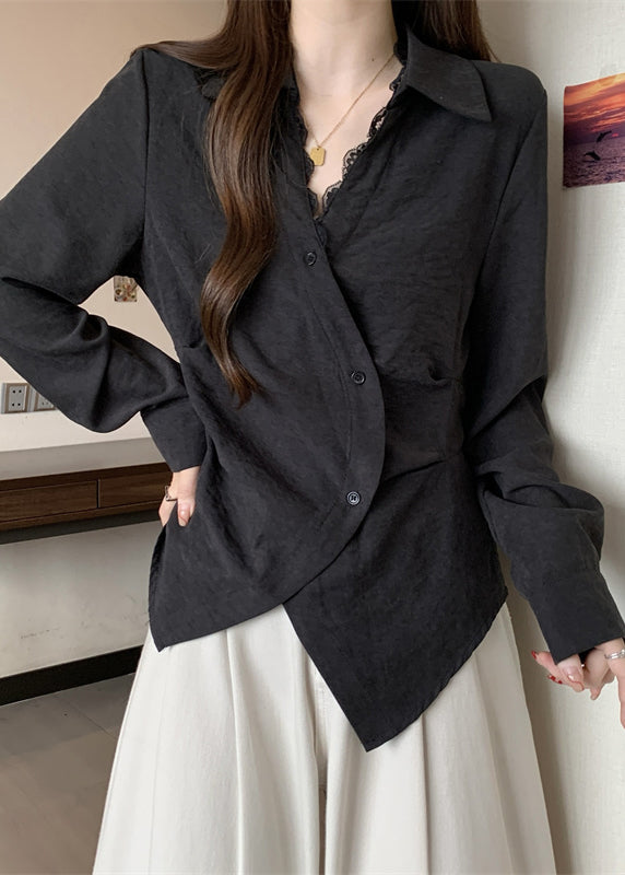 Plus Size Black Asymmetrical Patchwork Silk Shirt Tops Fall