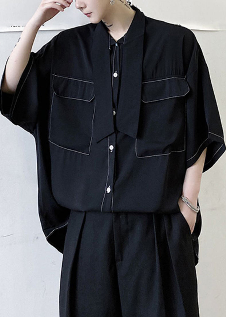 Plus Size Black Bow Pockets Solid Cotton Men Shirts Half Sleeve