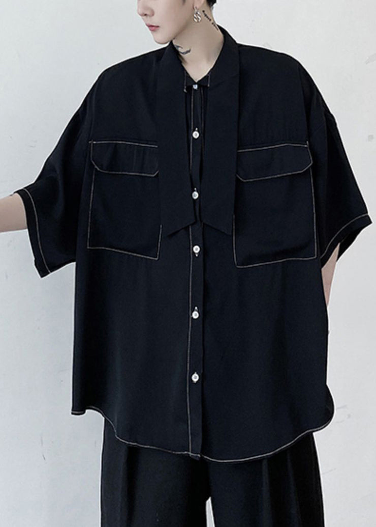 Plus Size Black Bow Pockets Solid Cotton Men Shirts Half Sleeve