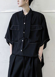 Plus Size Black Bow Pockets Solid Cotton Men Shirts Half Sleeve