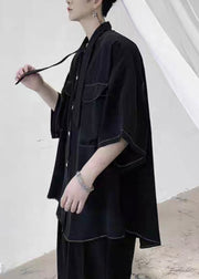 Plus Size Black Bow Pockets Solid Cotton Men Shirts Half Sleeve