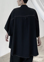 Plus Size Black Bow Pockets Solid Cotton Men Shirts Half Sleeve