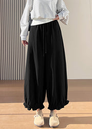 Plus Size Black Elastic Waist Ruffled Cotton Pants Fall