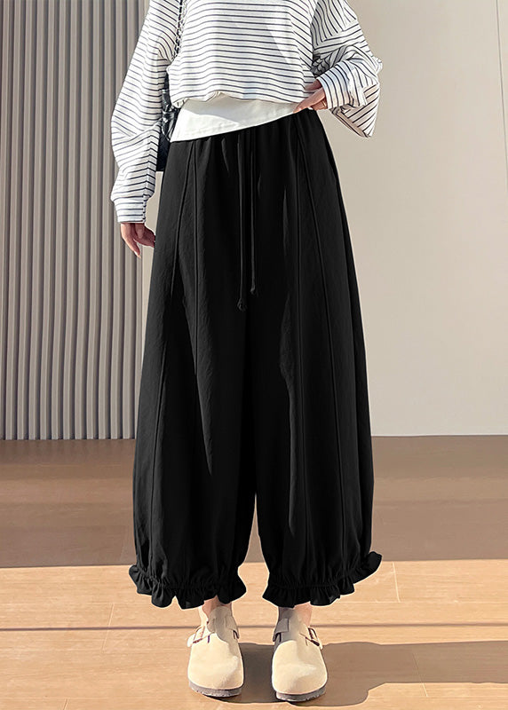 Plus Size Black Elastic Waist Ruffled Cotton Pants Fall