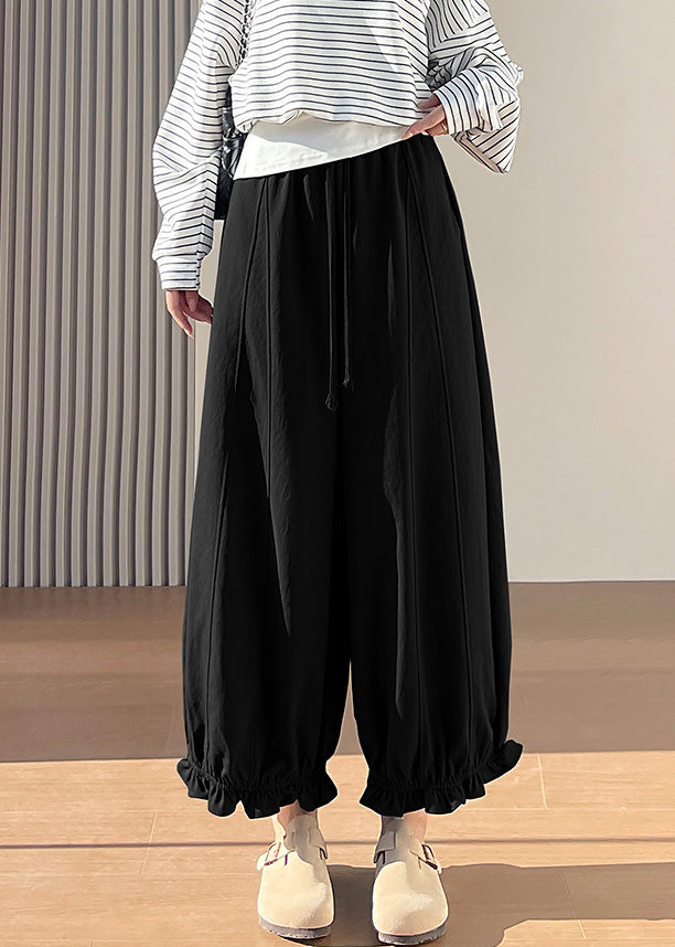 Plus Size Black Elastic Waist Ruffled Cotton Pants Fall