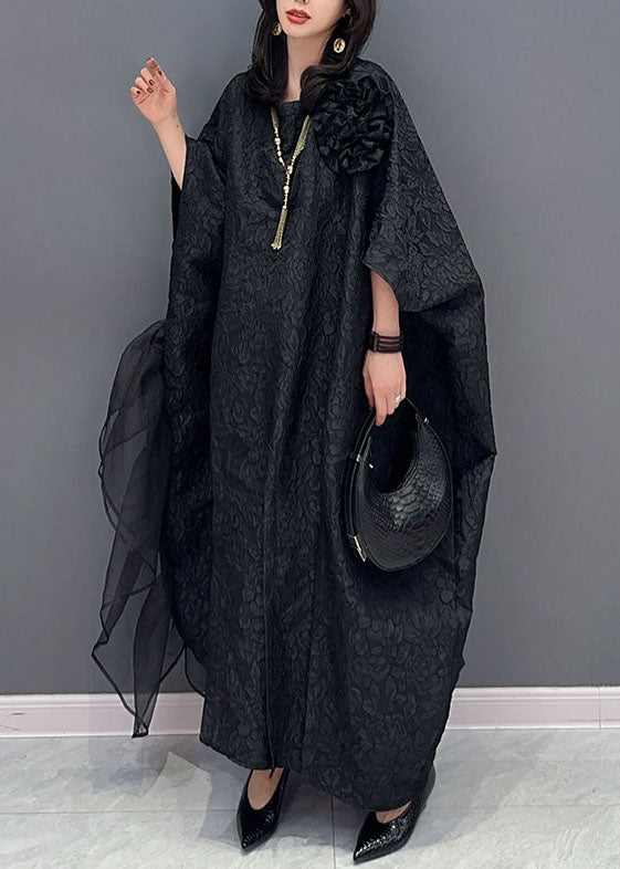 Plus Size Black Floral Tulle Patchwork Cotton Long Dresses Summer