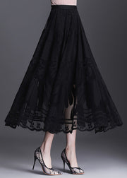 Plus Size Black High Waist Lace Patchwork Hollow Out Tulle Maxi Skirt Spring
