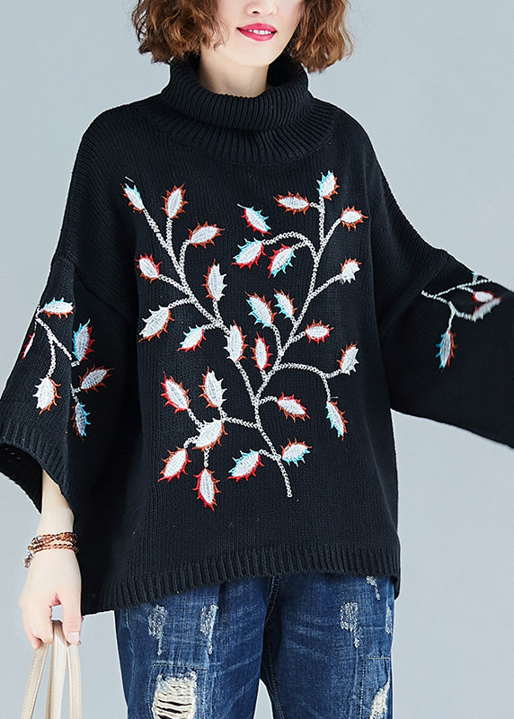 Plus Size Black Hign Neck Embroideried Knit Short Sweater Spring