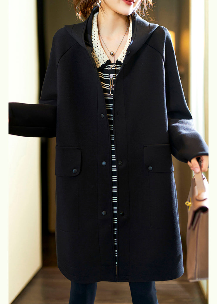 Plus Size Black Hooded Button Pockets Cotton Coats Fall
