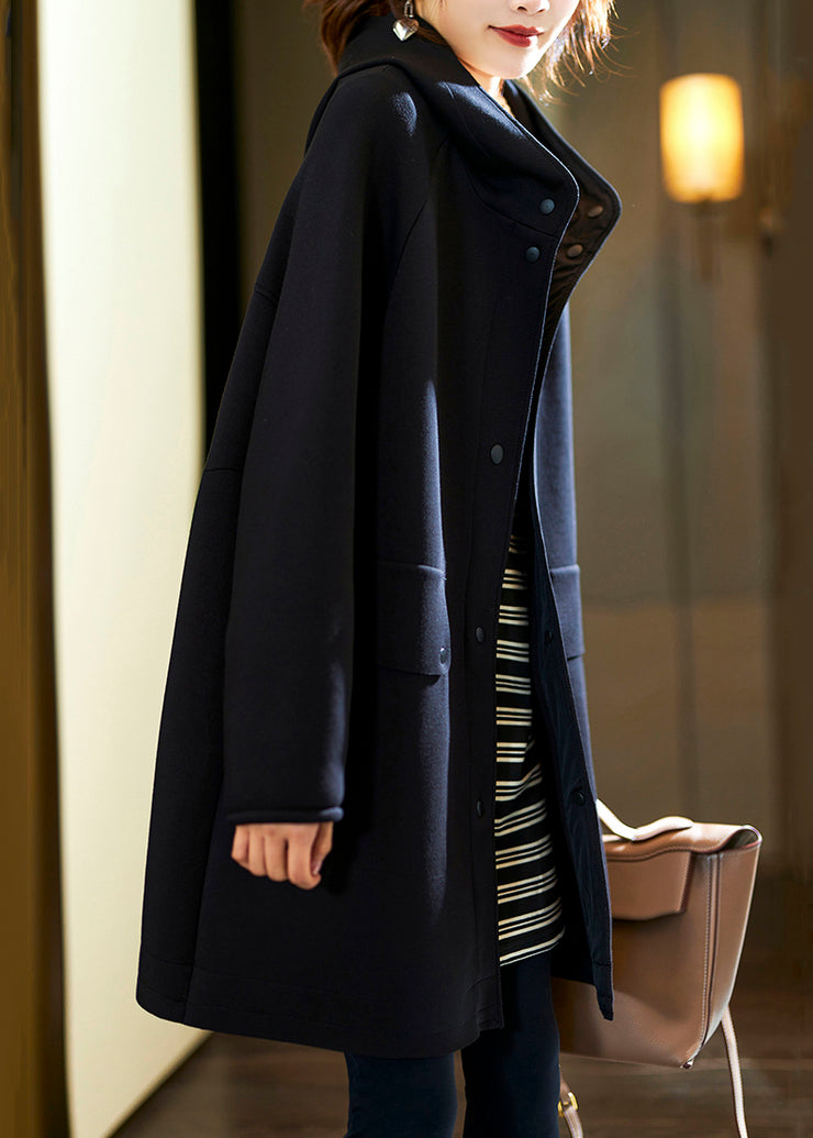 Plus Size Black Hooded Button Pockets Cotton Coats Fall