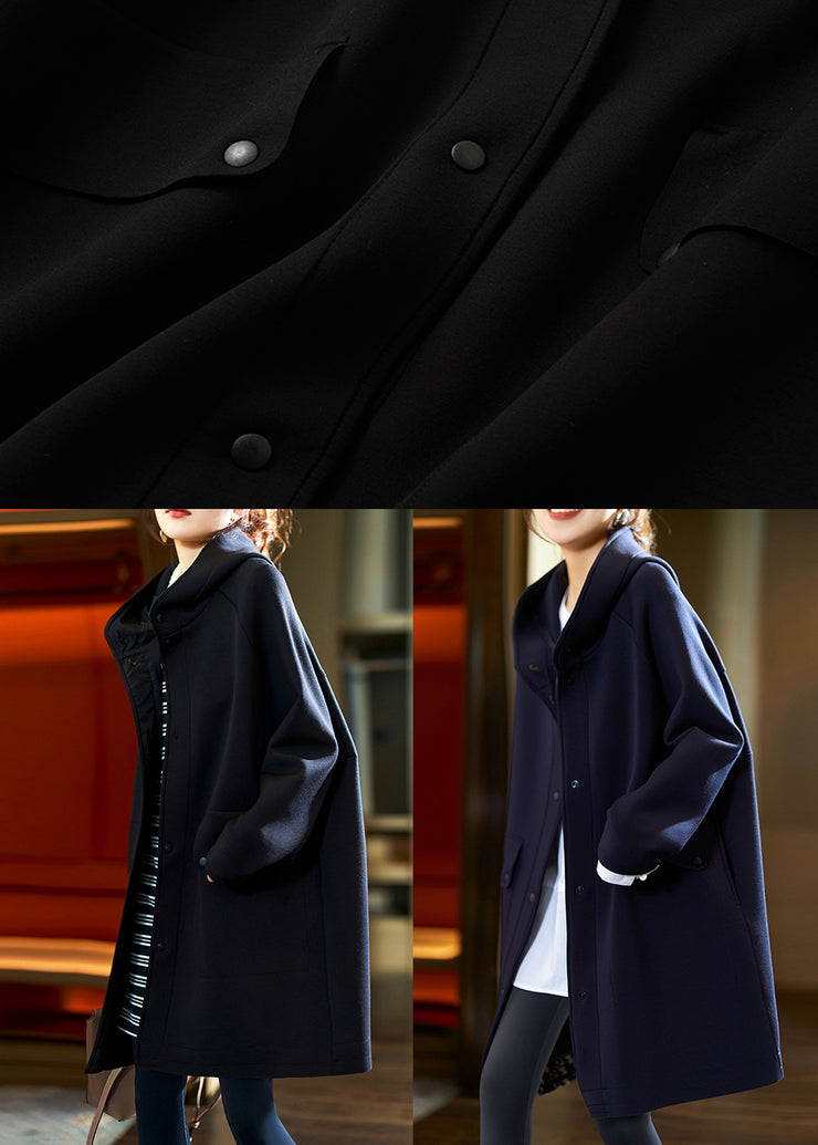 Plus Size Black Hooded Button Pockets Cotton Coats Fall