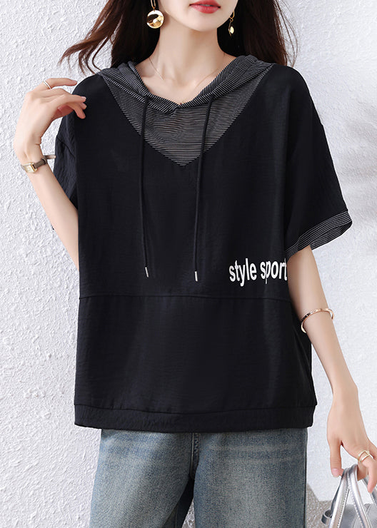 Plus Size Black Hooded Patchwork Cotton Sweatshirt Summer