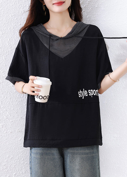 Plus Size Black Hooded Patchwork Cotton Sweatshirt Summer
