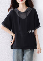 Plus Size Black Hooded Patchwork Cotton Sweatshirt Summer