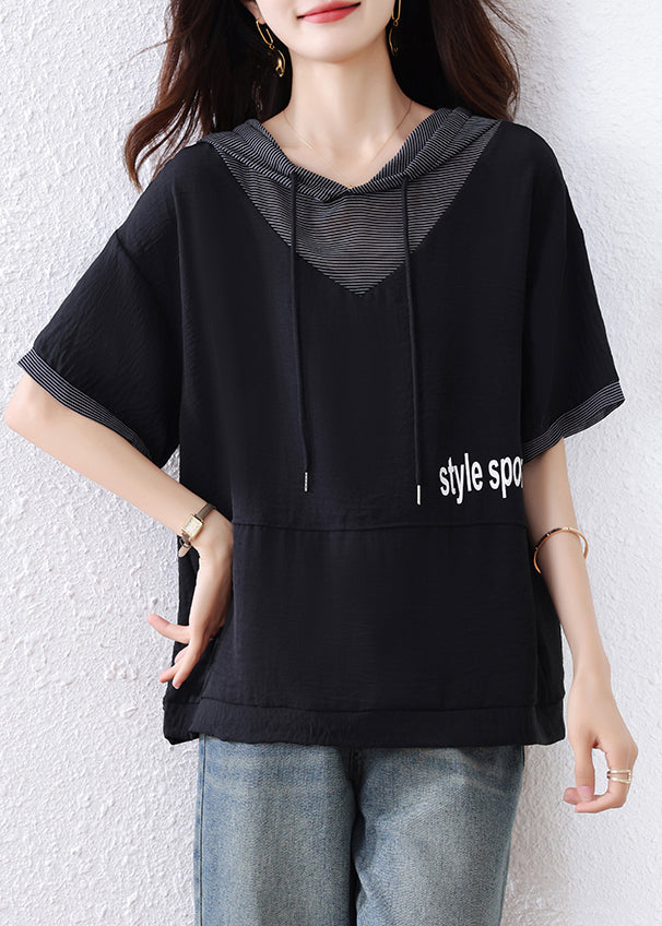 Plus Size Black Hooded Patchwork Cotton Sweatshirt Summer