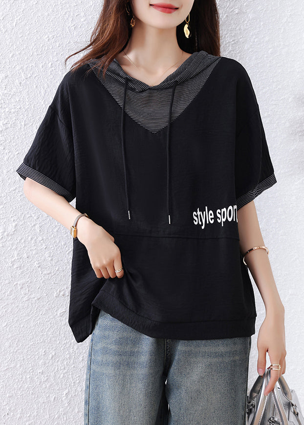 Plus Size Black Hooded Patchwork Cotton Sweatshirt Summer