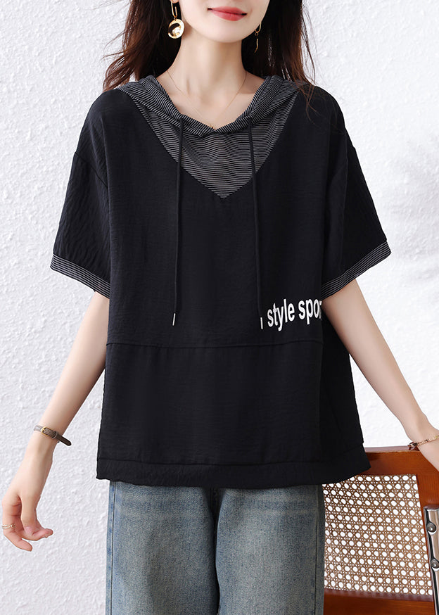 Plus Size Black Hooded Patchwork Cotton Sweatshirt Summer