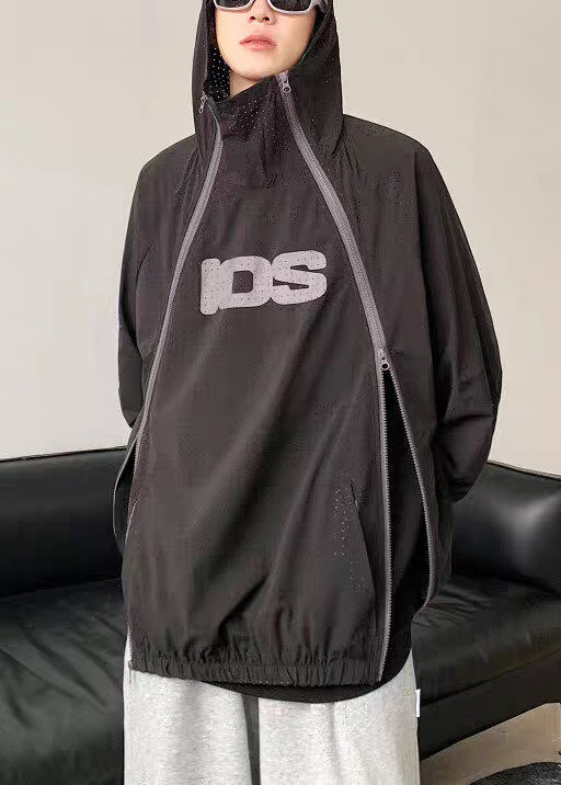 Plus Size Black Hooded Zippered Mesh Thin Men Coat Summer