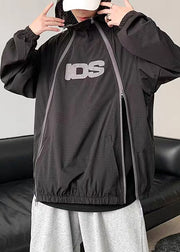 Plus Size Black Hooded Zippered Mesh Thin Men Coat Summer