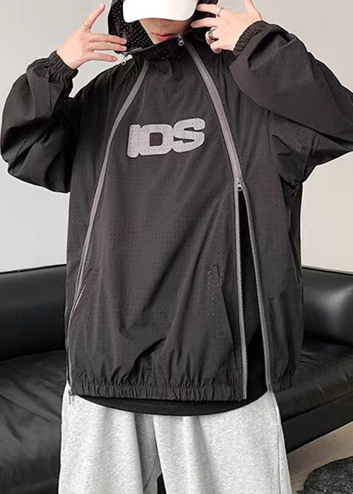 Plus Size Black Hooded Zippered Mesh Thin Men Coat Summer