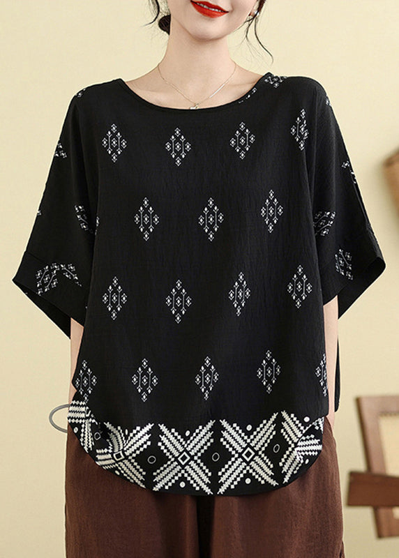 Plus Size Black O-Neck Loose Top Summer